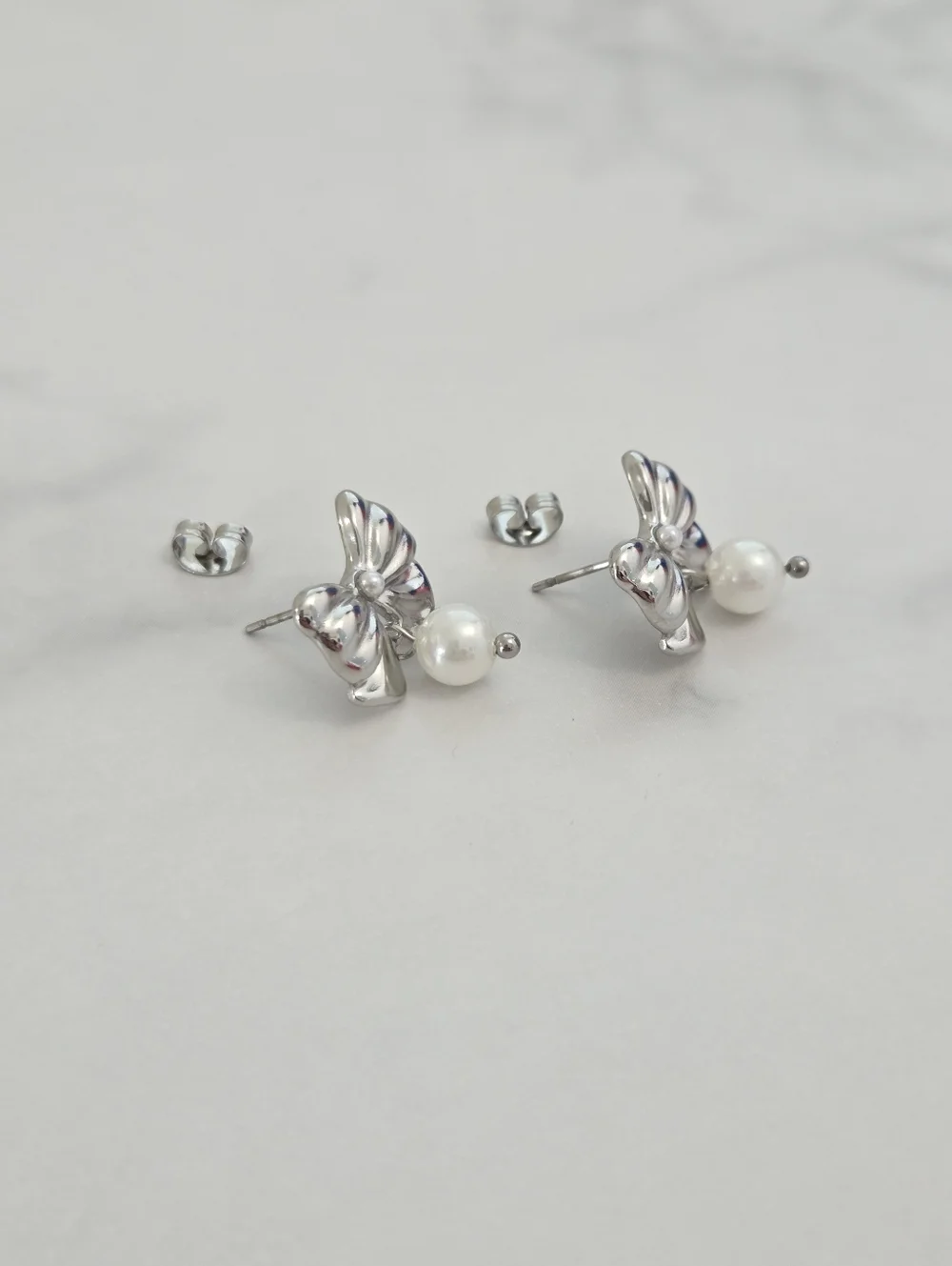 Dainty Silver Bow & Pearl Statement Earrings Elegant Everyday Jewelry